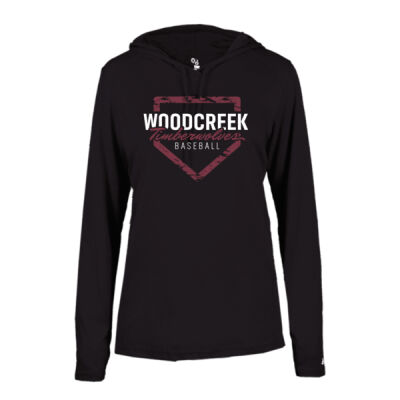 Woodcreek Baseball Dugout Ladies Long Sleeve Hood Tee with Logo #4a Thumbnail